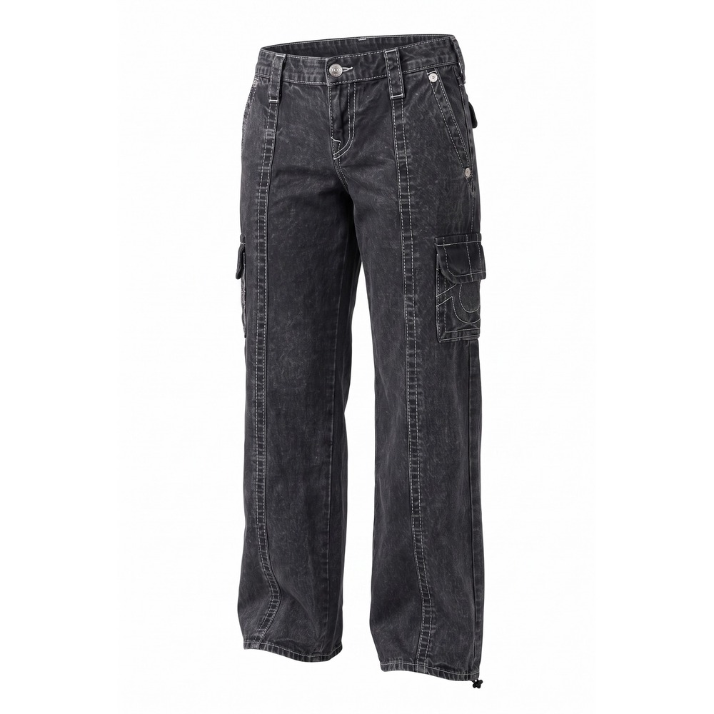 True Religion Women Cargo Jeans Grey Acid Wash Wide Leg Contrast Stitch Y2K 28